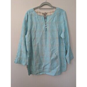 Sharon Young Women's 100% Linen Tunic Top Embroidered Art To Wear Pocket Large
